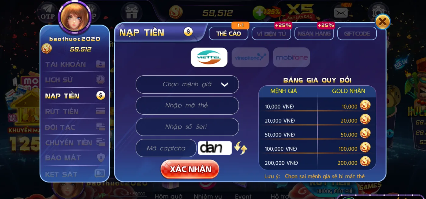 nạp thẻ cào sanvip